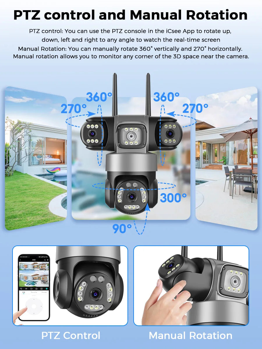 Security Camera 8K 15MP 3-Lens - WiFi PTZ Outdoor CCTV