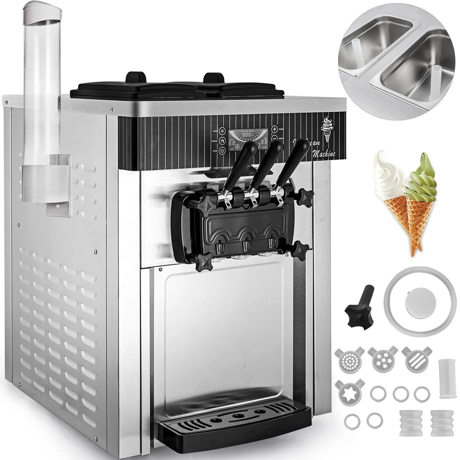 Commercial Soft Serve Ice Cream Machine - 3-Flavor 2200W with LED Display & Auto Clean (20-28L/H) - Deribla Store
