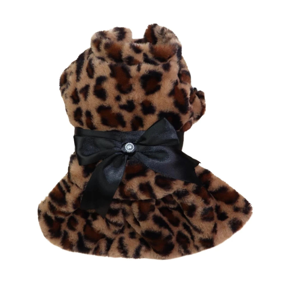 Winter Pet Clothes - Plush Leopard Print Dress Coat for Small Dogs & Cats - Deribla Store