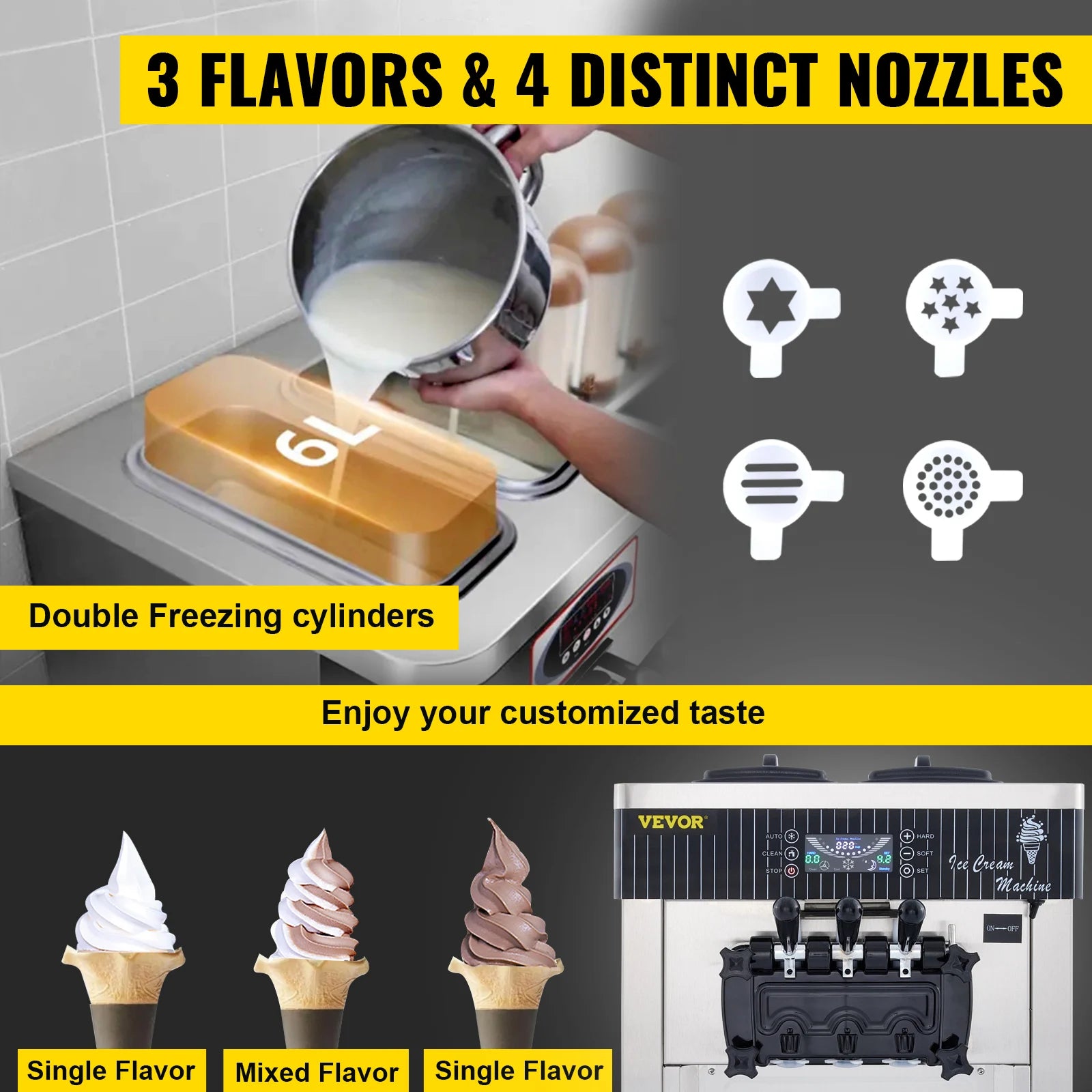 Commercial Soft Serve Ice Cream Machine - 3-Flavor 2200W with LED Display & Auto Clean (20-28L/H) - Deribla Store