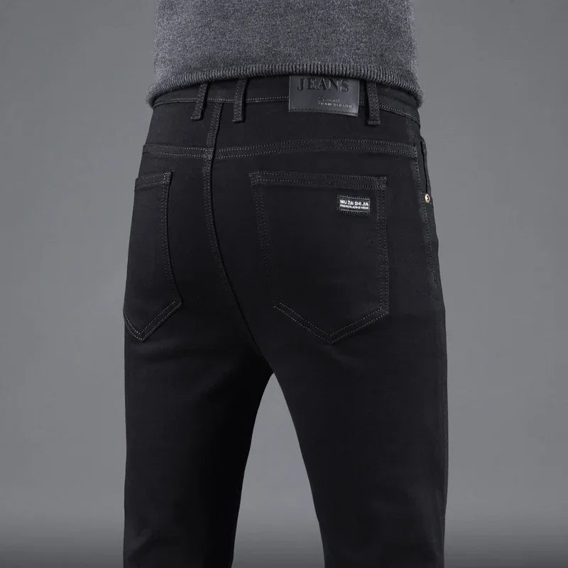 Spring Autumn New Men's Pure Black Slim Jeans Elastic Straight