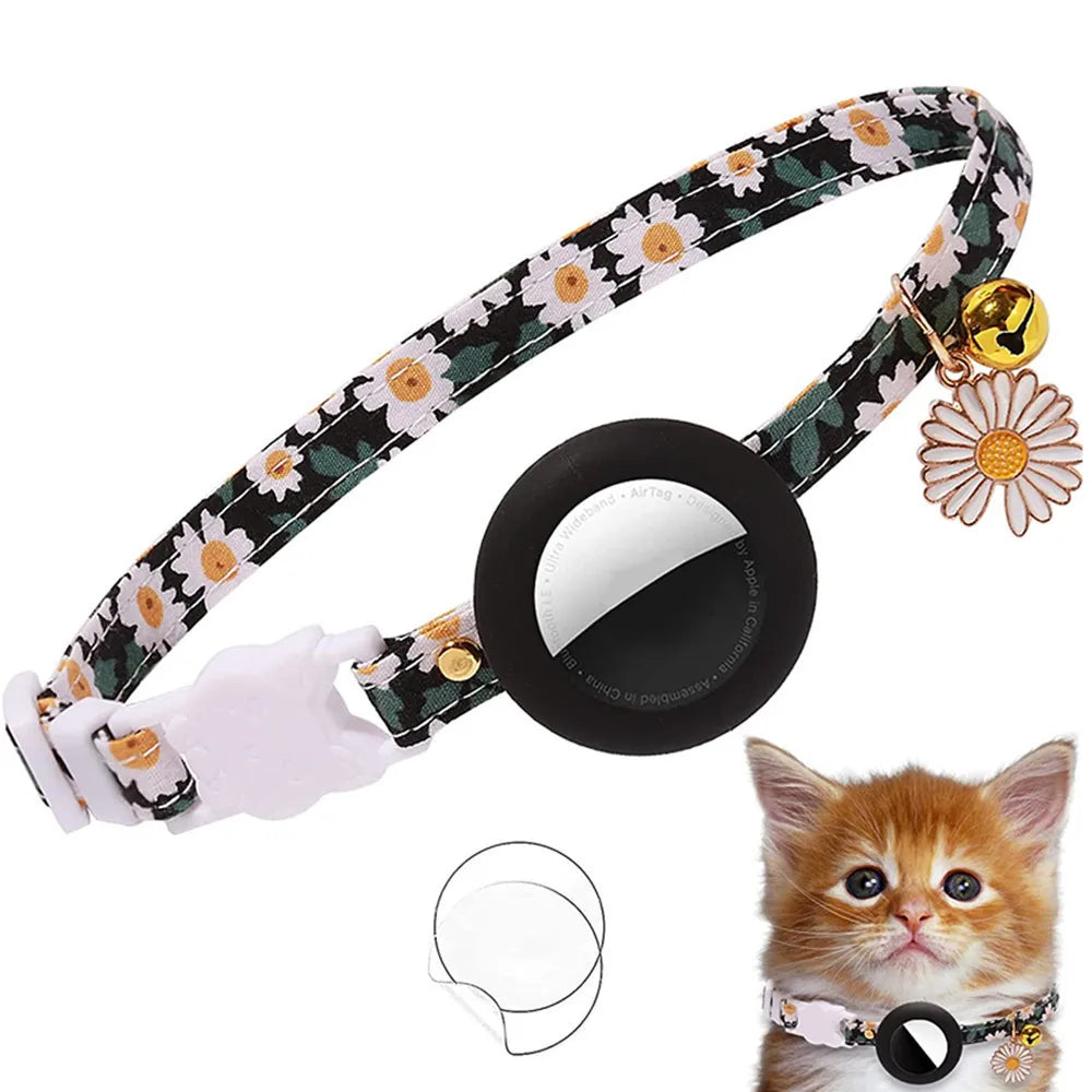 AirTag Cat Collar - Adjustable Kitten Collar with Bells & Flower Charm Tracker - Deribla Store