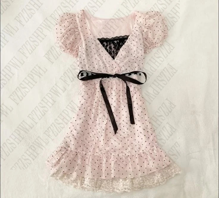 Polka dot Vintage Pink Hot Cute Dress Aesthetic Slim Y2K Short