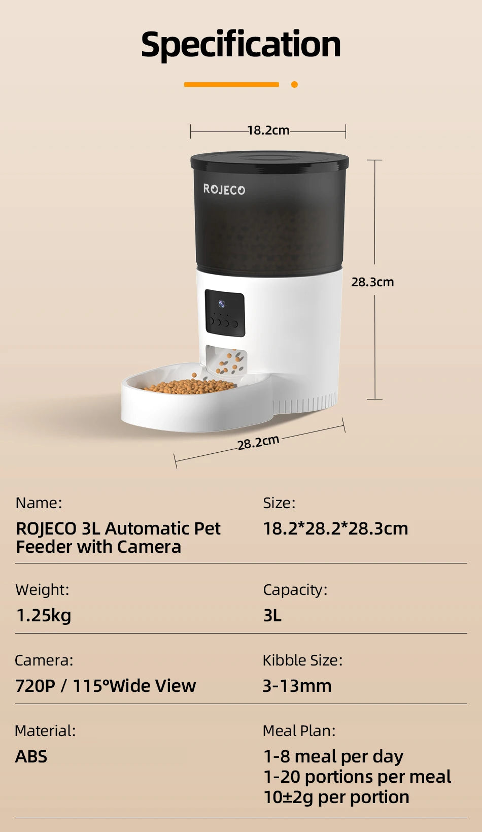 ROJECO Smart Cat Feeder with Camera - 3L Automatic Pet Food Dispenser with Voice Recorder - Deribla Store