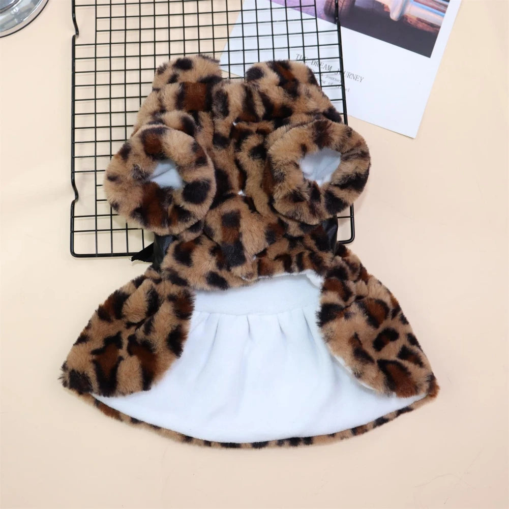 Winter Pet Clothes - Plush Leopard Print Dress Coat for Small Dogs & Cats - Deribla Store