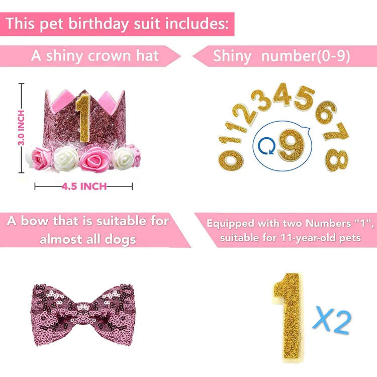 Dog Cat Birthday Crown Hat & Bow Tie Set - Reusable Party Headband with Numbers 0-9 - Deribla Store