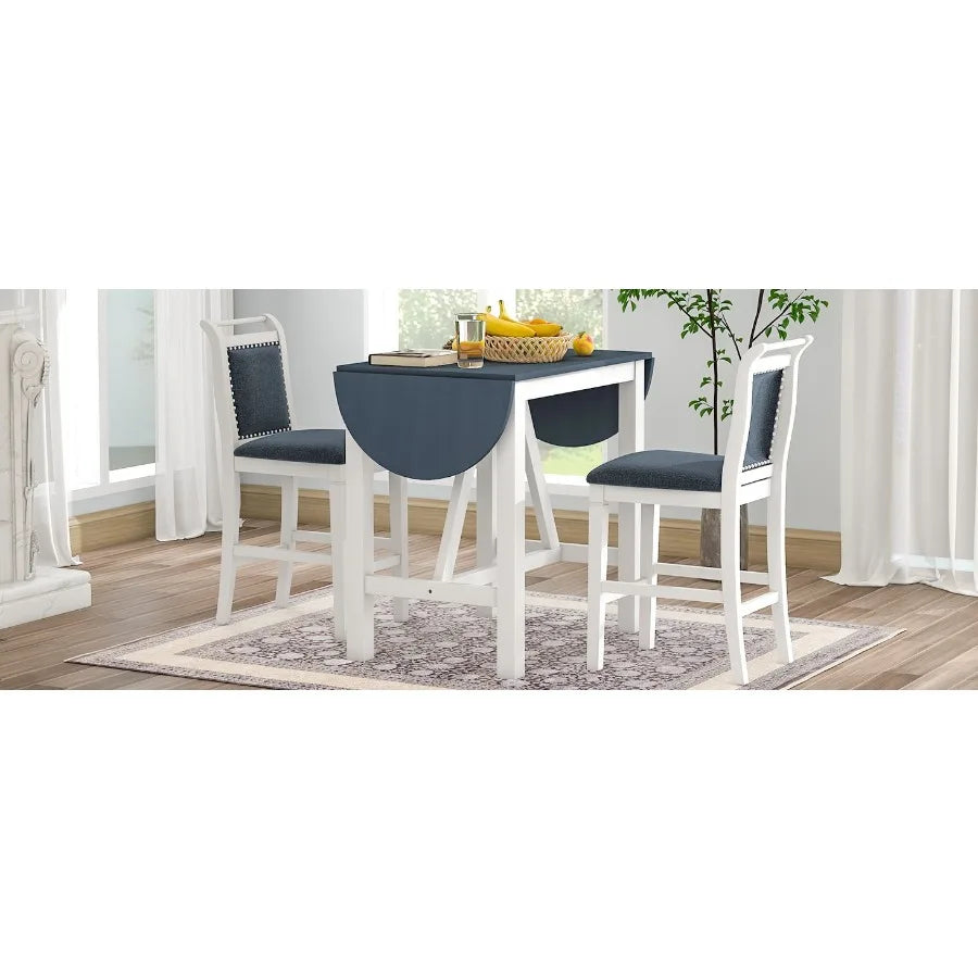 TOPMAX 3Piece Wood Counter Height Drop Leaf Dining Table Set with 2 Upholstered Dining Chairs for Small Place White+Gray - Deribla Store