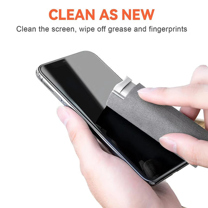 User cleaning a smartphone screen with the Portable Screen Cleaner Kit, removing grease and fingerprints.