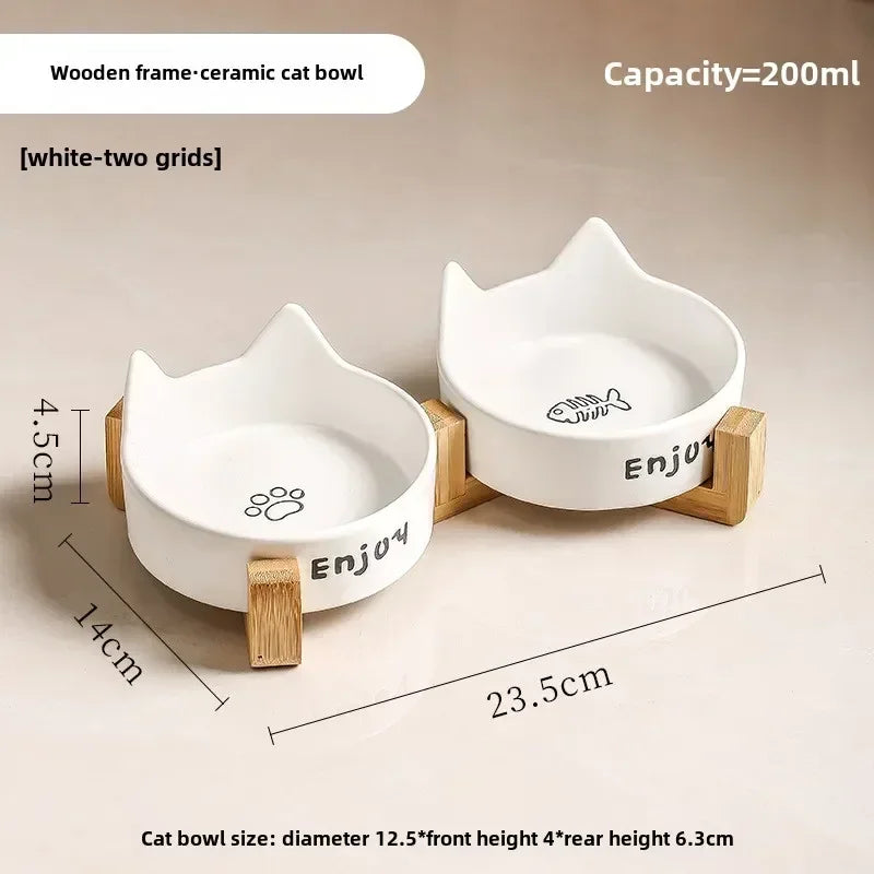 Ceramic Double Bowl Set with Bamboo Stand - Elevated Anti-Slip Pet Feeder for Cats & Small Dogs - Deribla Store