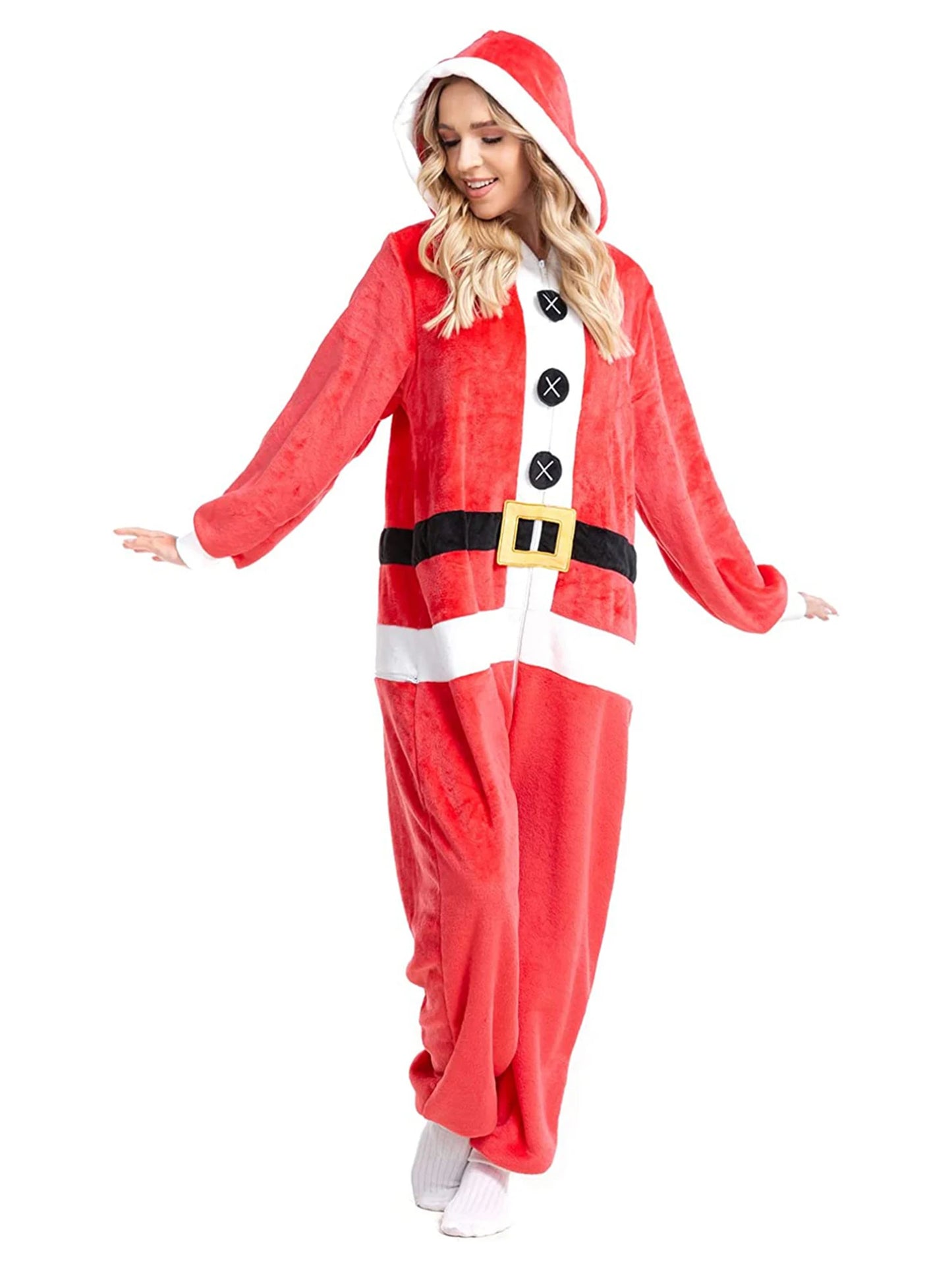 Mrs. Claus Christmas Costume - Velvet Hooded Jumpsuit with Faux Fur Trim & Belt - Deribla Store