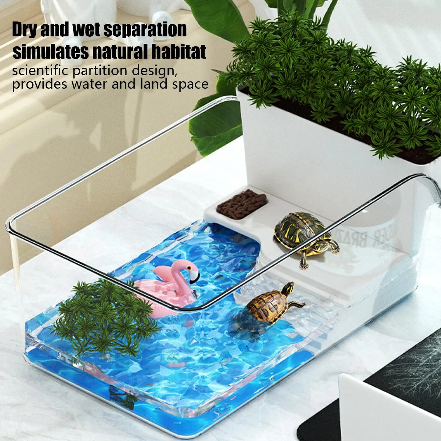 Turtle Tank - Amphibian Reptile Breeding Box with Basking Platform & Fence - Deribla Store