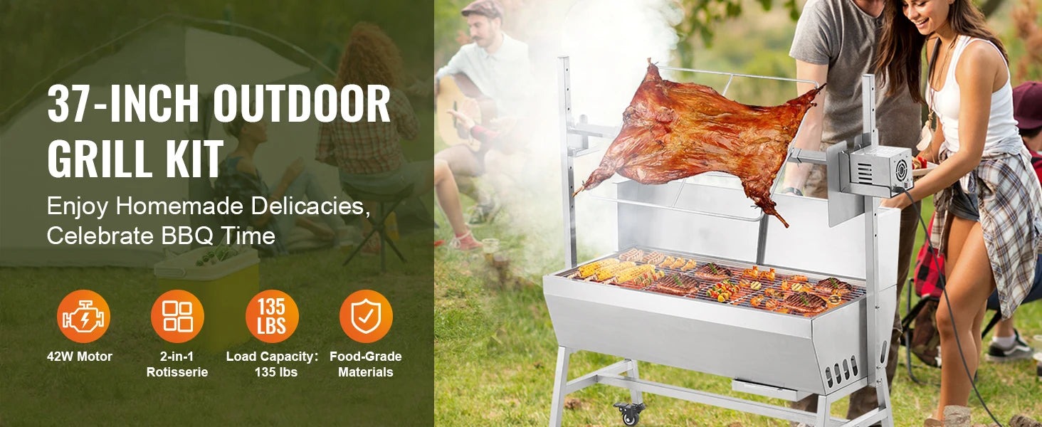 35-Inch Rotisserie Grill Electric Motor Charcoal Spit Roaster with Lockable Wheels - Deribla Store