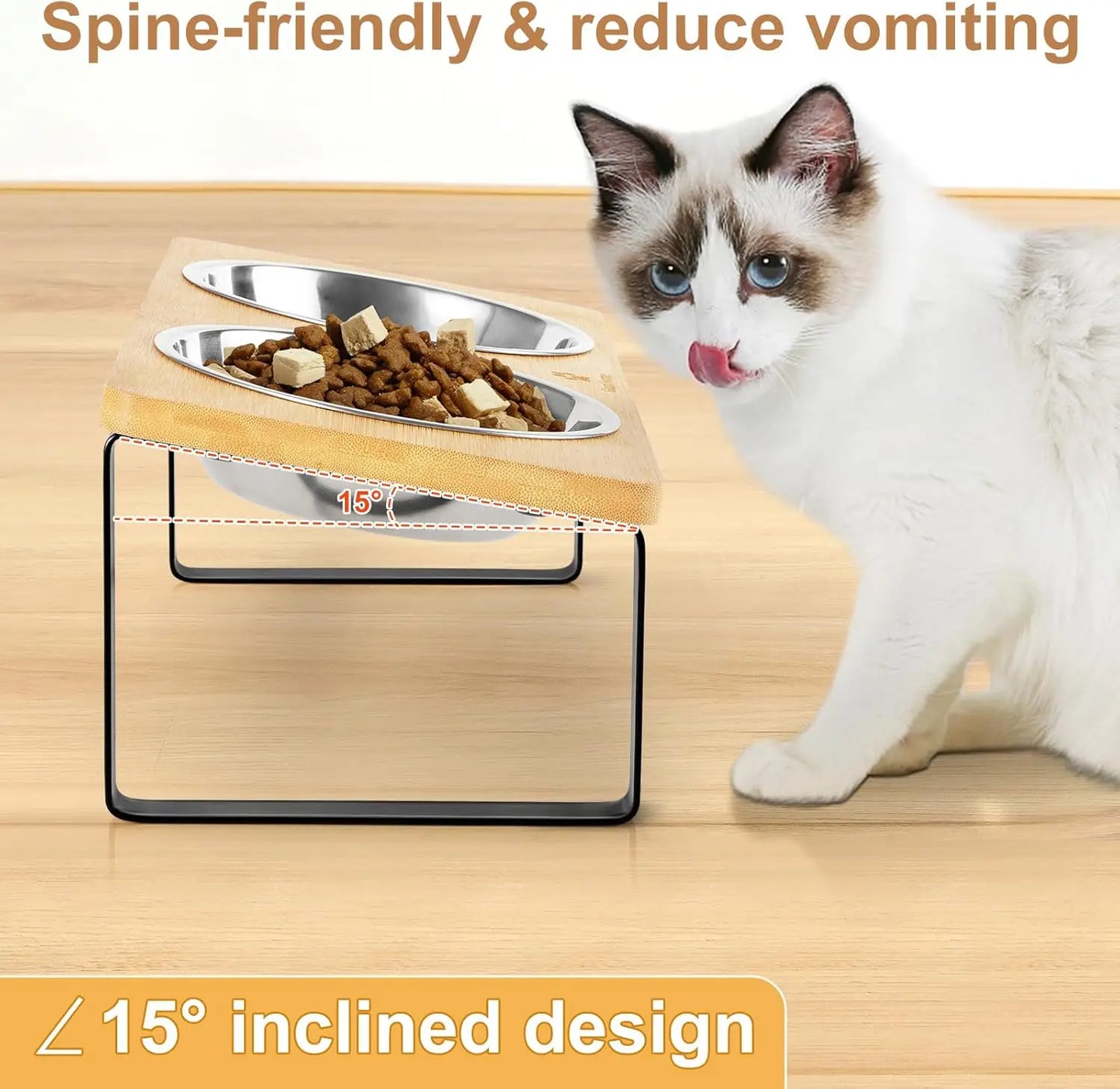 Elevated Cat Bowl Set - 15° Tilted Anti-Vomit Feeder with Non-Slip Mat - Deribla Store
