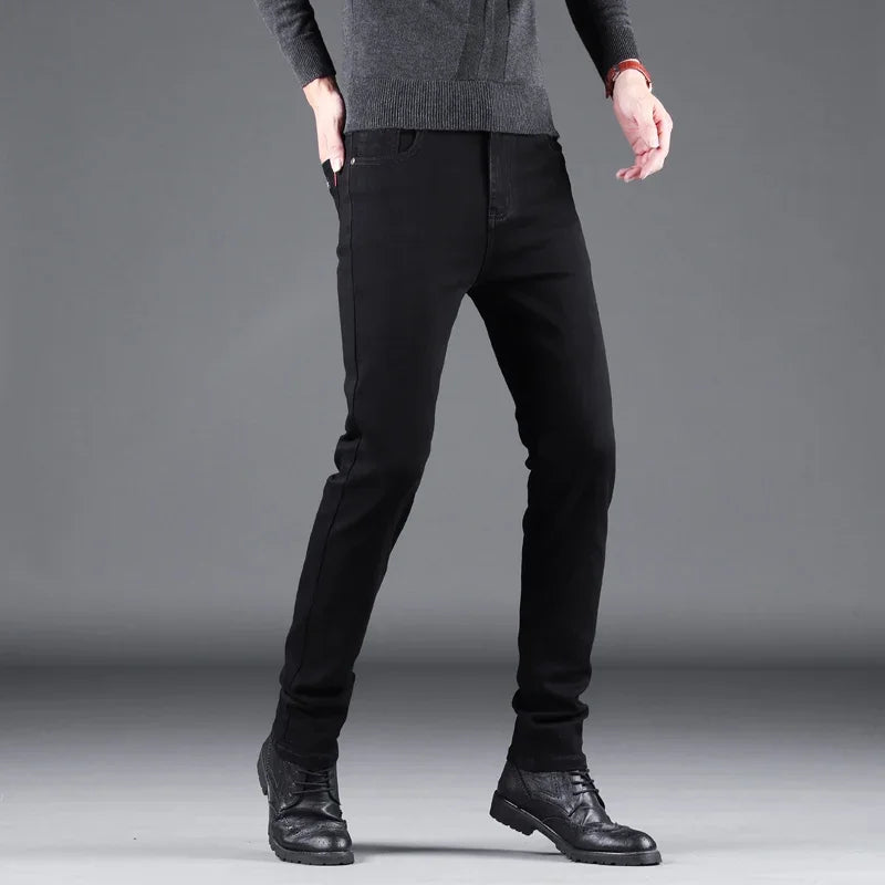 Spring Autumn New Men's Pure Black Slim Jeans Elastic Straight