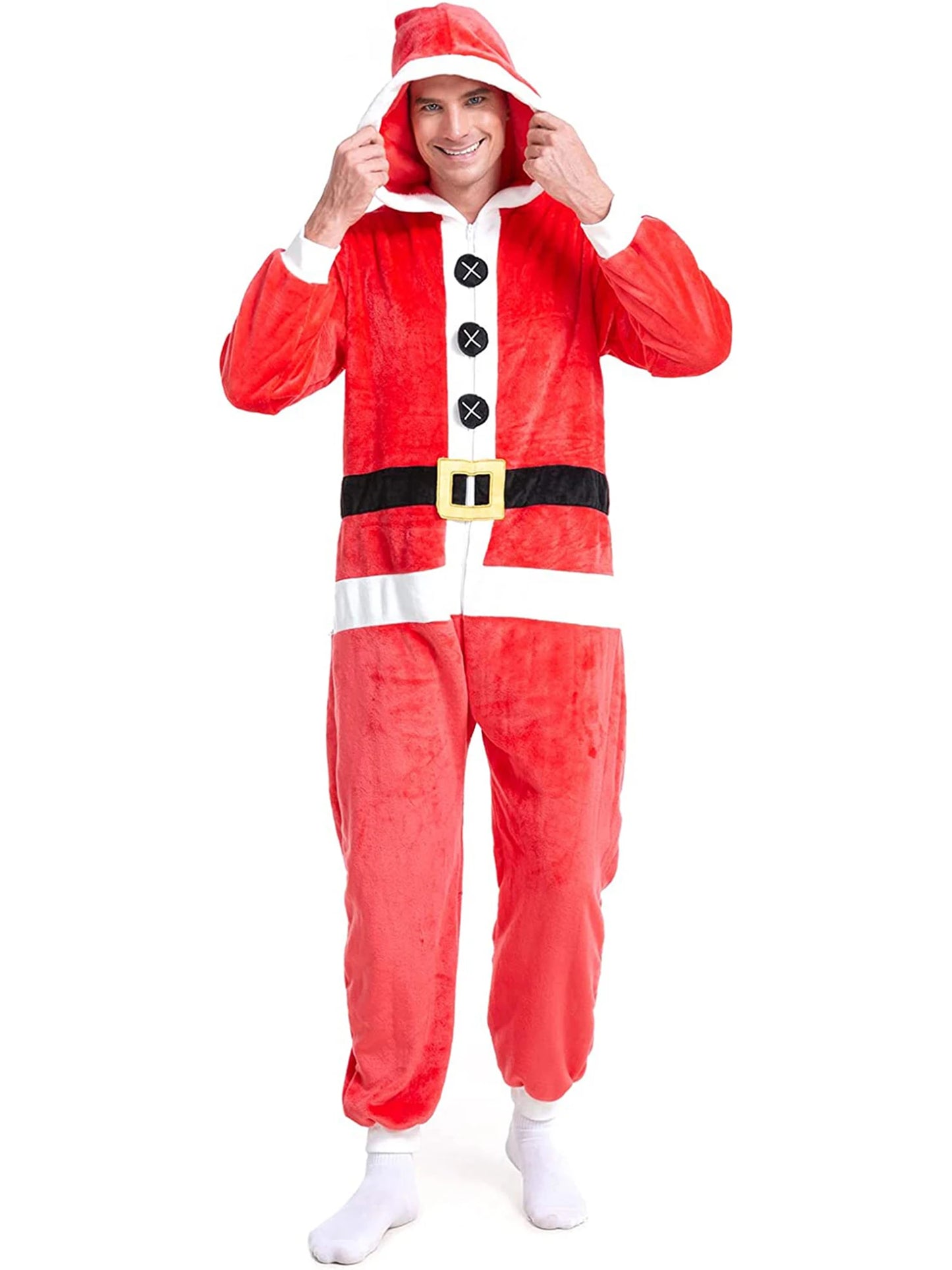 Mrs. Claus Christmas Costume - Velvet Hooded Jumpsuit with Faux Fur Trim & Belt - Deribla Store