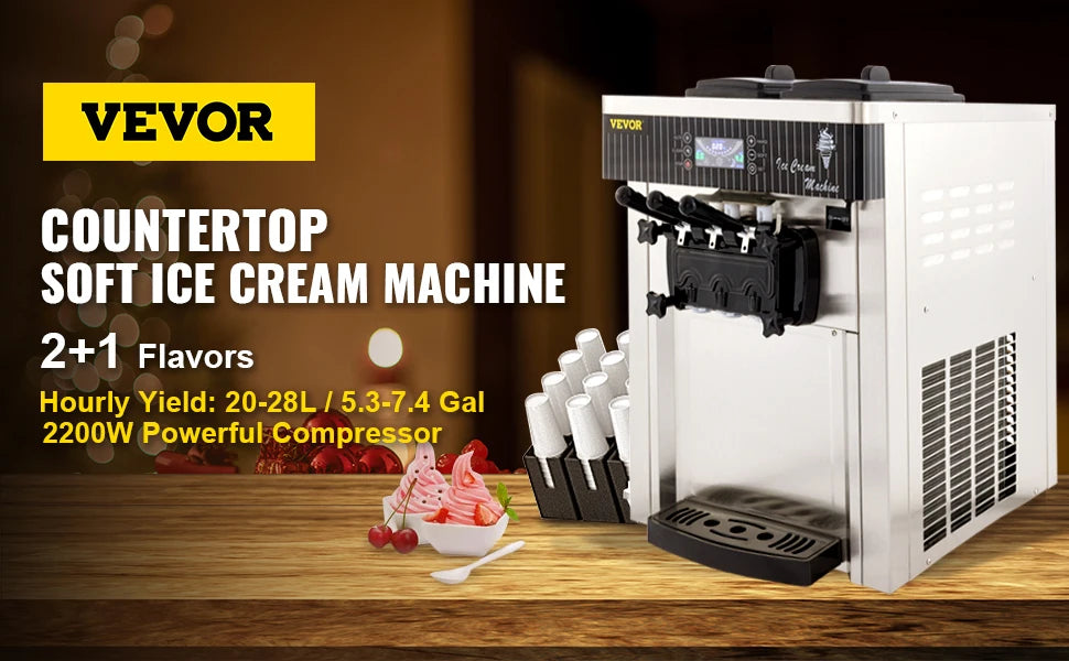 Commercial Soft Serve Ice Cream Machine - 3-Flavor 2200W with LED Display & Auto Clean (20-28L/H) - Deribla Store