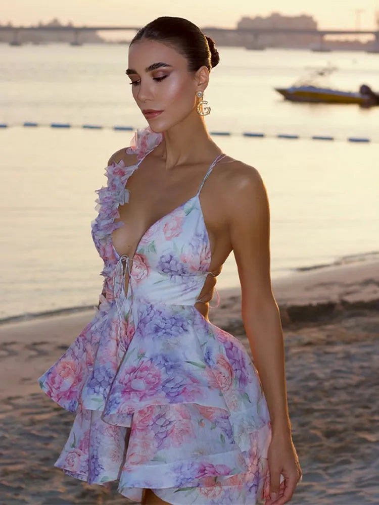 Women Mesh Patchwork Flower Print Mini Dress Elegant V-neck