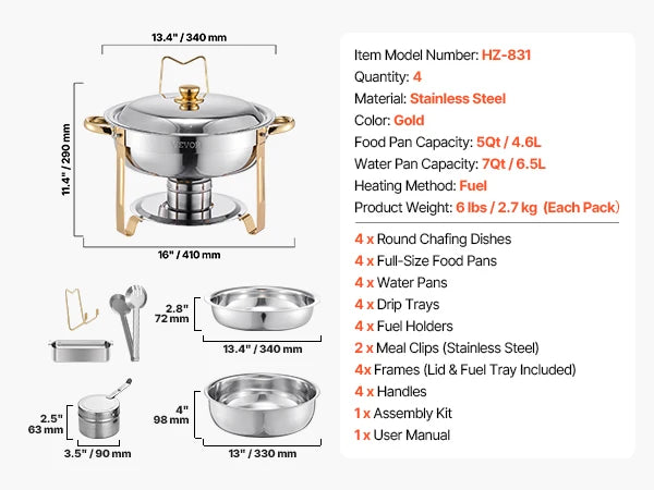4-Pack Chafing Dish Buffet Set - Stainless Steel Round Catering Warmers with Full Size Pans - Deribla Store