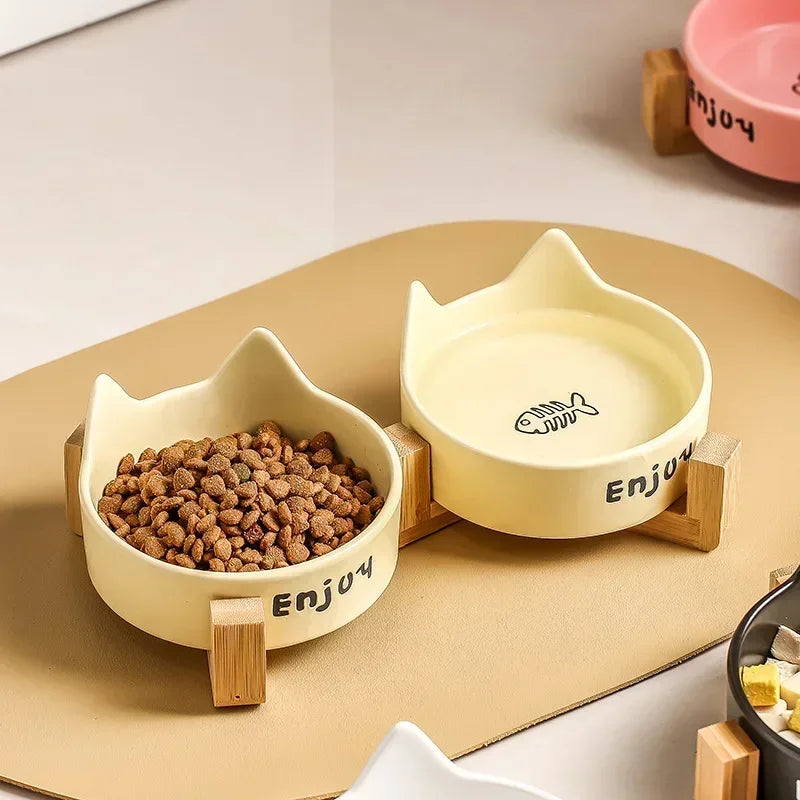 Ceramic Double Bowl Set with Bamboo Stand - Elevated Anti-Slip Pet Feeder for Cats & Small Dogs - Deribla Store
