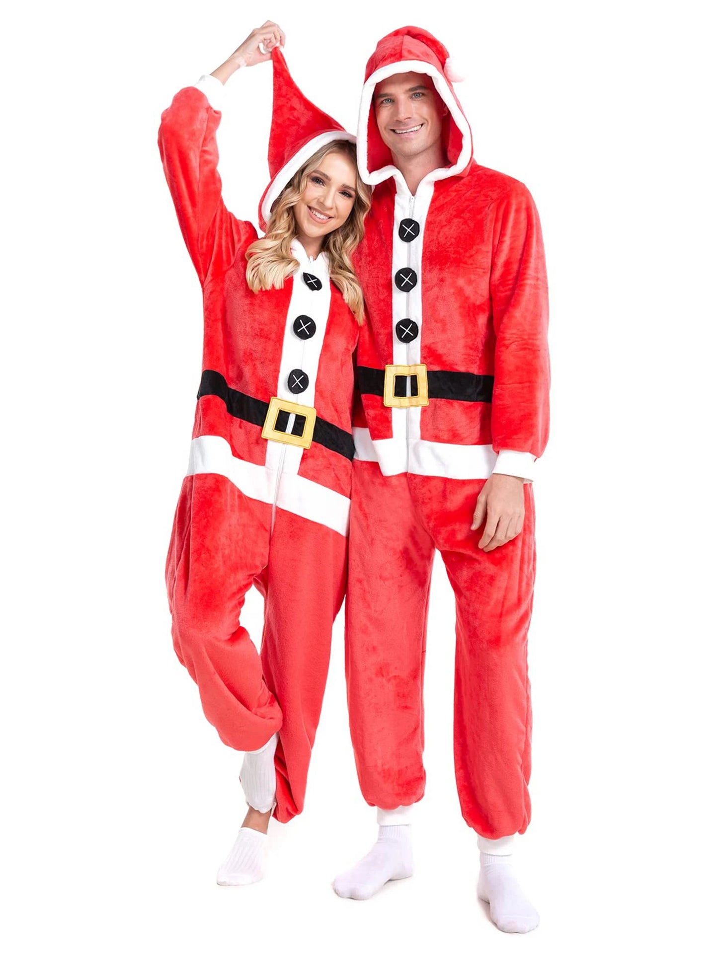 Mrs. Claus Christmas Costume - Velvet Hooded Jumpsuit with Faux Fur Trim & Belt - Deribla Store