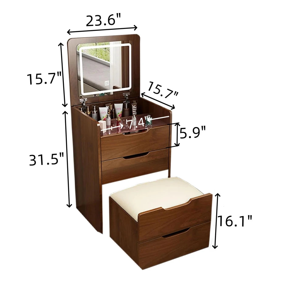 3 in 1 Vanity Desk - Flip Top Mirror Makeup Table 60cm Walnut - Deribla Store