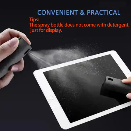 Person using Portable Screen Cleaner Kit to spray a tablet screen, showcasing its convenient and practical design.