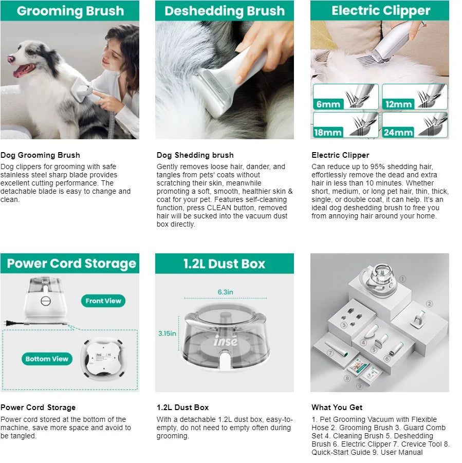 INSE P20 Pet Grooming Vacuum Kit - 5-in-1 Low Noise, 17KPa Suction, Dog Hair Clipper & Deshedding Tool - Deribla Store