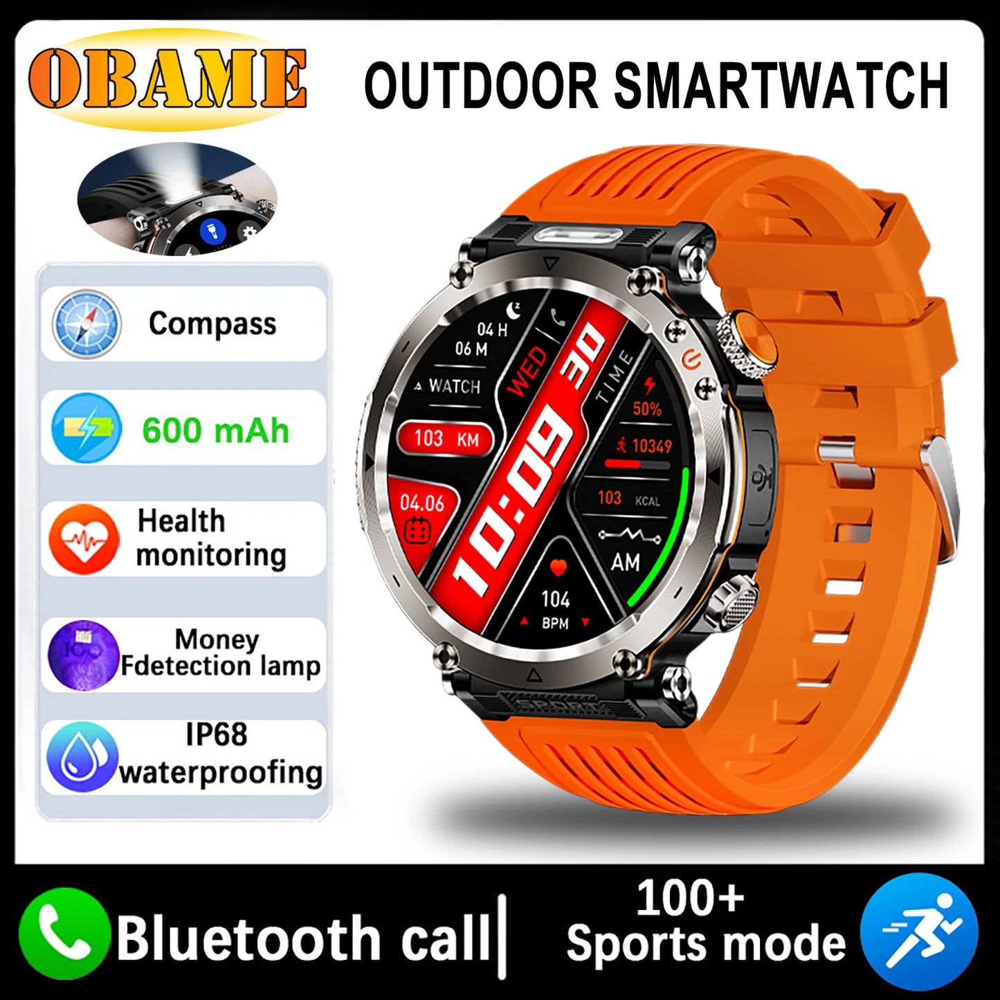 New 5ATM Outdoor Smart Watch Men 600mAh LED Flashlight
