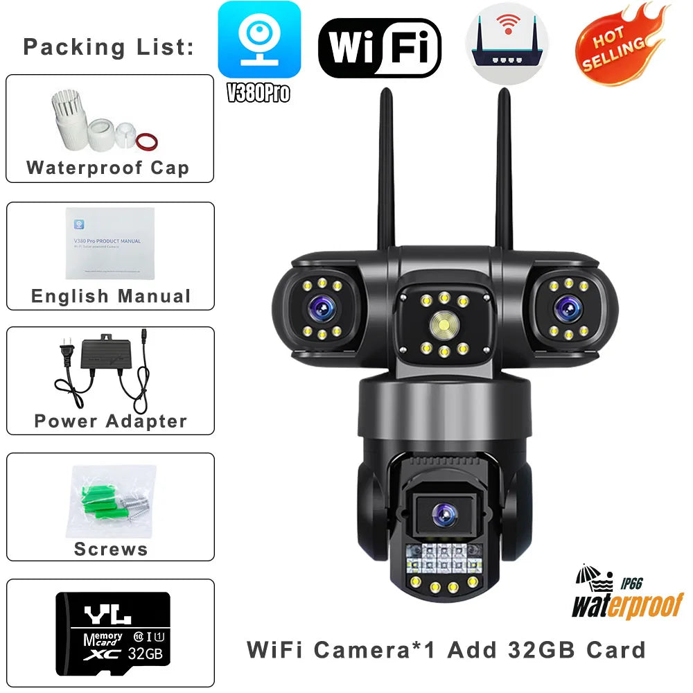 6K Camera V380 Pro WiFi - Triple Lens 12MP Outdoor Waterproof