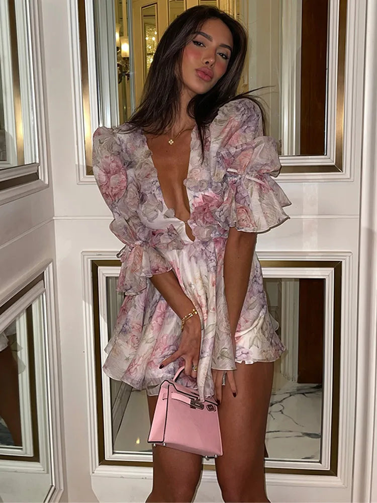 Women Mesh Patchwork Flower Print Mini Dress Elegant V-neck