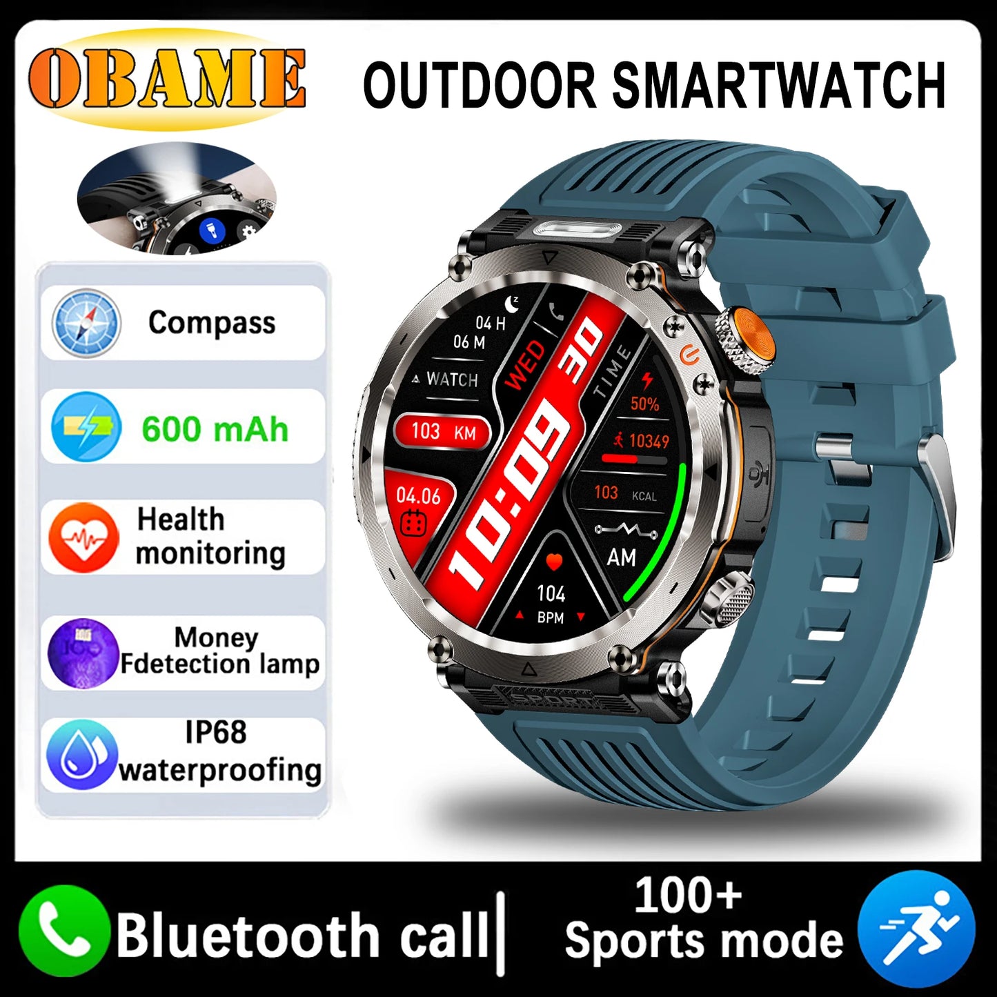 New 5ATM Outdoor Smart Watch Men 600mAh LED Flashlight