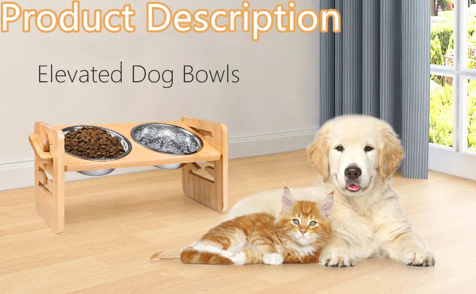 Elevated Dog Cat Bowls - Adjustable Raised Stand with Double Stainless Steel Bowls - Deribla Store