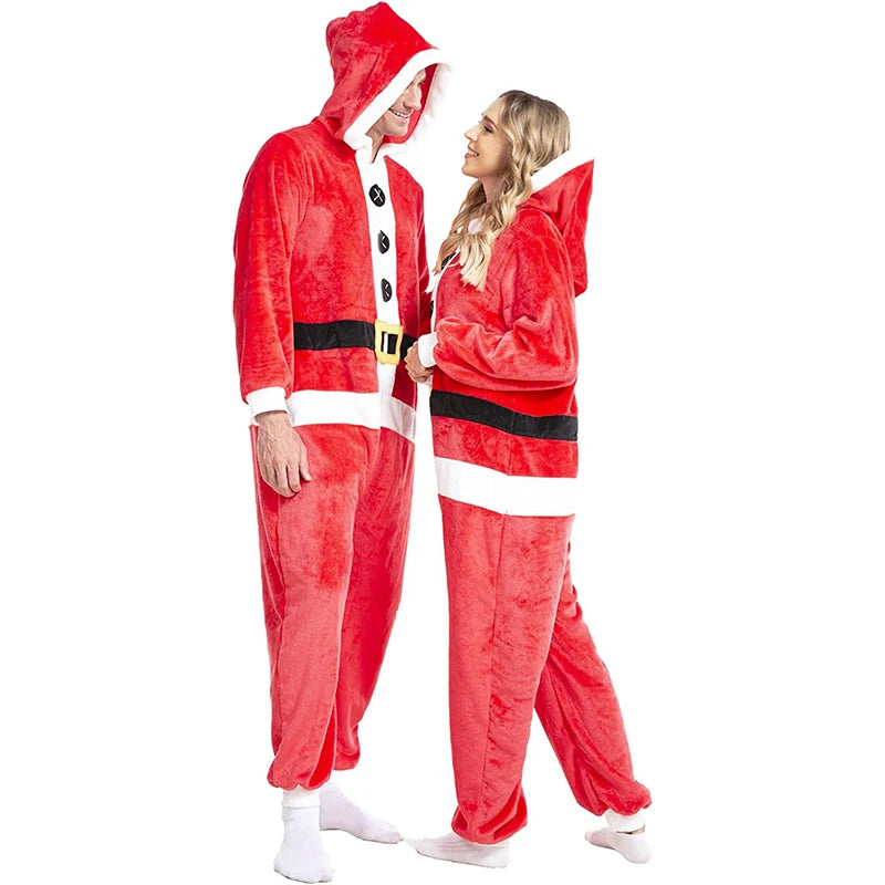 Mrs. Claus Christmas Costume - Velvet Hooded Jumpsuit with Faux Fur Trim & Belt - Deribla Store