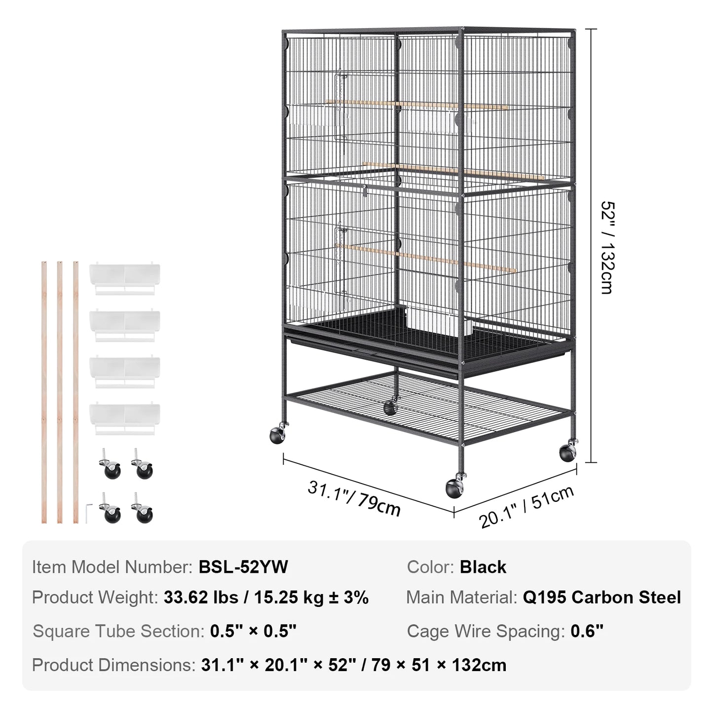VEVOR Large Flight Bird Cage 52/54" - Carbon Steel Standing Cage with Rolling Stand for Parrots & Cockatiels - Deribla Store