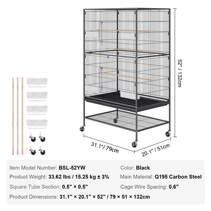 VEVOR Large Flight Bird Cage 52/54" - Carbon Steel Standing Cage with Rolling Stand for Parrots & Cockatiels - Deribla Store