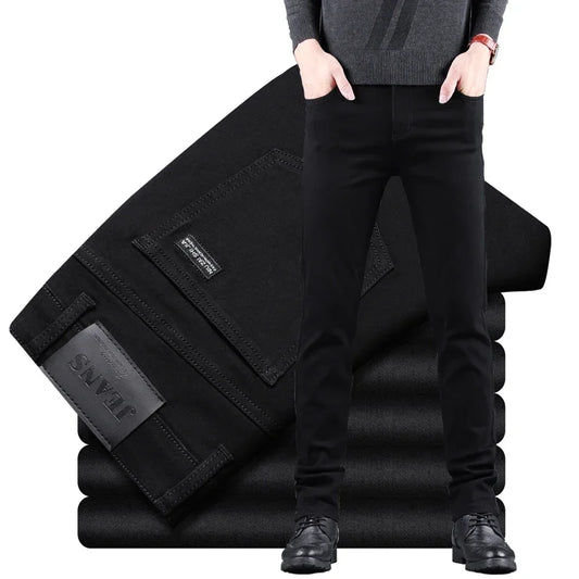 Spring Autumn New Men's Pure Black Slim Jeans Elastic Straight
