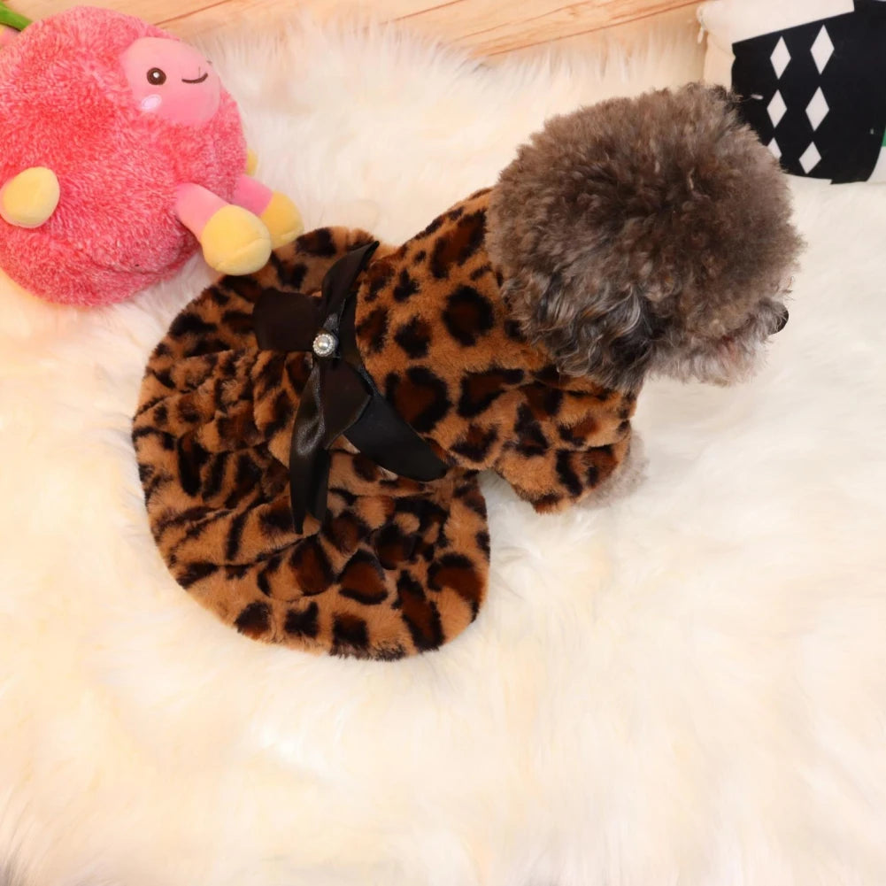 Winter Pet Clothes - Plush Leopard Print Dress Coat for Small Dogs & Cats - Deribla Store