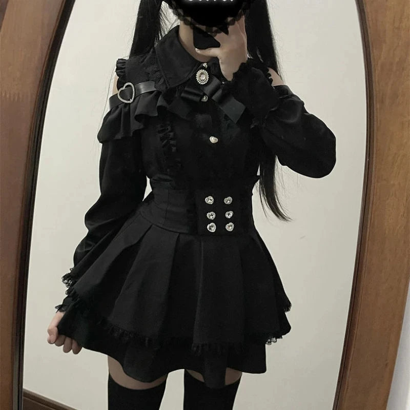 Y2k Aesthetic Lolita Style Bow Dress Shorts Set Japanese Women