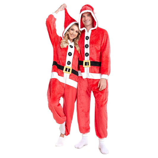 Mrs. Claus Christmas Costume - Velvet Hooded Jumpsuit with Faux Fur Trim & Belt - Deribla Store