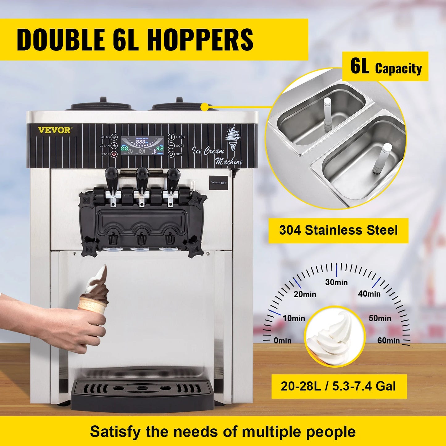 Commercial Soft Serve Ice Cream Machine - 3-Flavor 2200W with LED Display & Auto Clean (20-28L/H) - Deribla Store