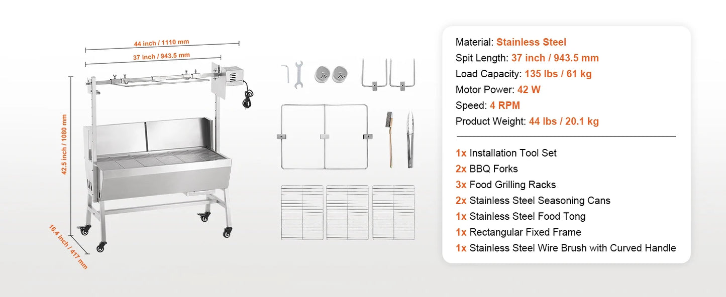 35-Inch Rotisserie Grill Electric Motor Charcoal Spit Roaster with Lockable Wheels - Deribla Store