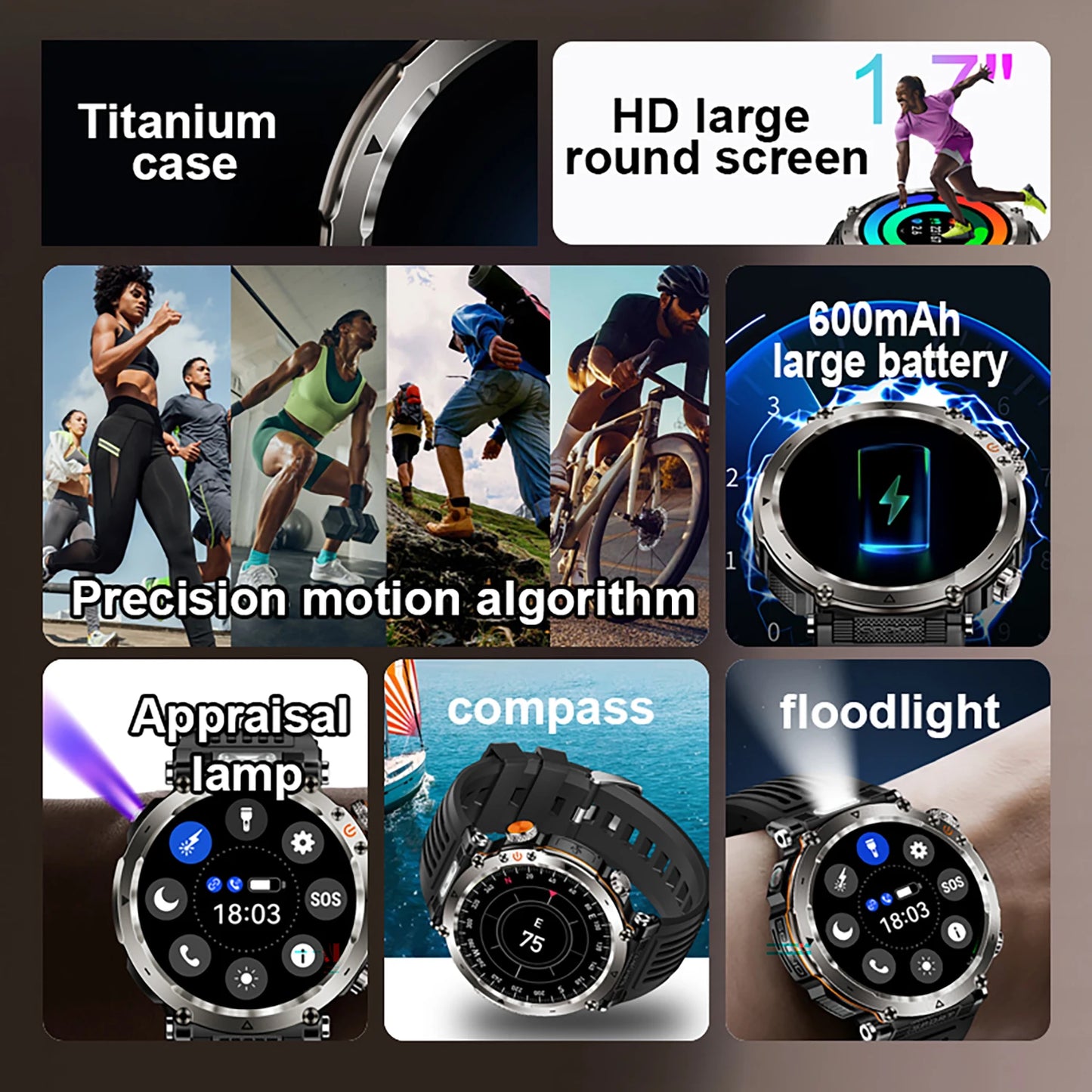 New 5ATM Outdoor Smart Watch Men 600mAh LED Flashlight
