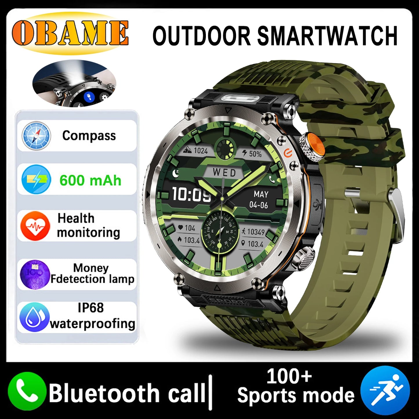 New 5ATM Outdoor Smart Watch Men 600mAh LED Flashlight