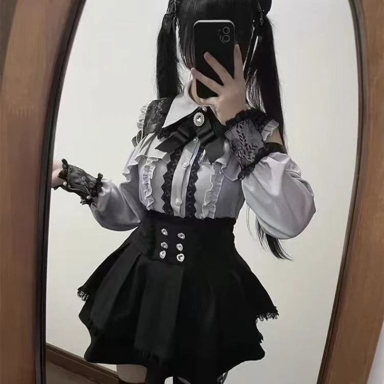 Y2k Aesthetic Lolita Style Bow Dress Shorts Set Japanese Women