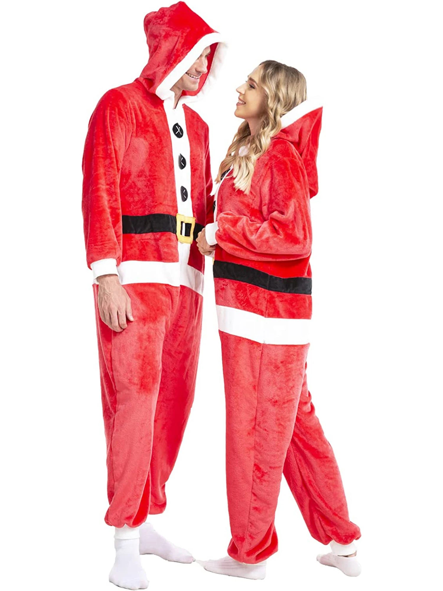 Mrs. Claus Christmas Costume - Velvet Hooded Jumpsuit with Faux Fur Trim & Belt - Deribla Store