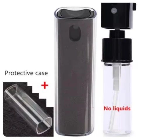 Portable Screen Cleaner Kit components including spray bottle and protective case with no liquids.