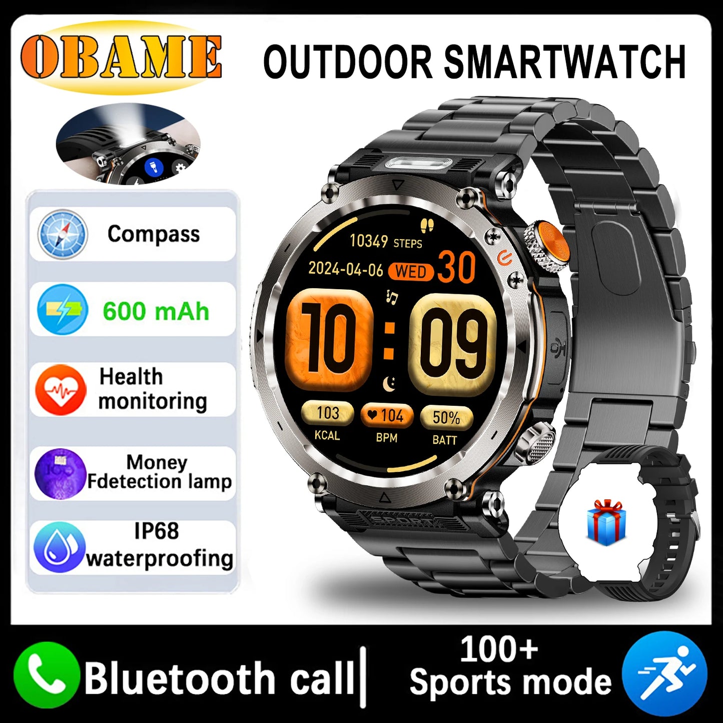 New 5ATM Outdoor Smart Watch Men 600mAh LED Flashlight
