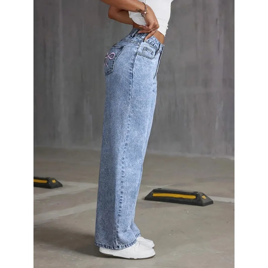 Denim Wide Leg Jeans High waisted  Bow Embroidered Pocket Wide