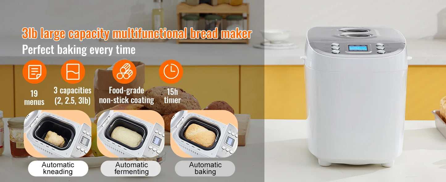 2-3 LB Automatic Bread Maker - 15-in-1 Programs, Nonstick Ceramic Pan, Gluten-Free Setting - Deribla Store
