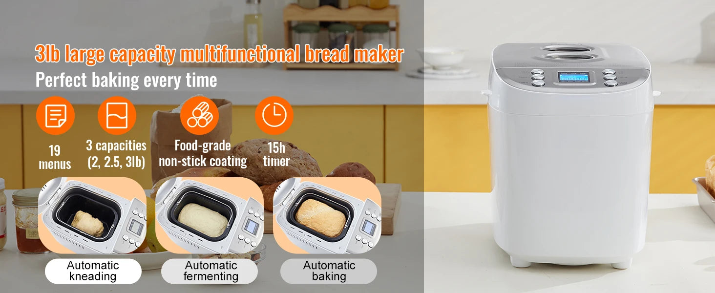 2-3 LB Automatic Bread Maker - 15-in-1 Programs, Nonstick Ceramic Pan, Gluten-Free Setting - Deribla Store